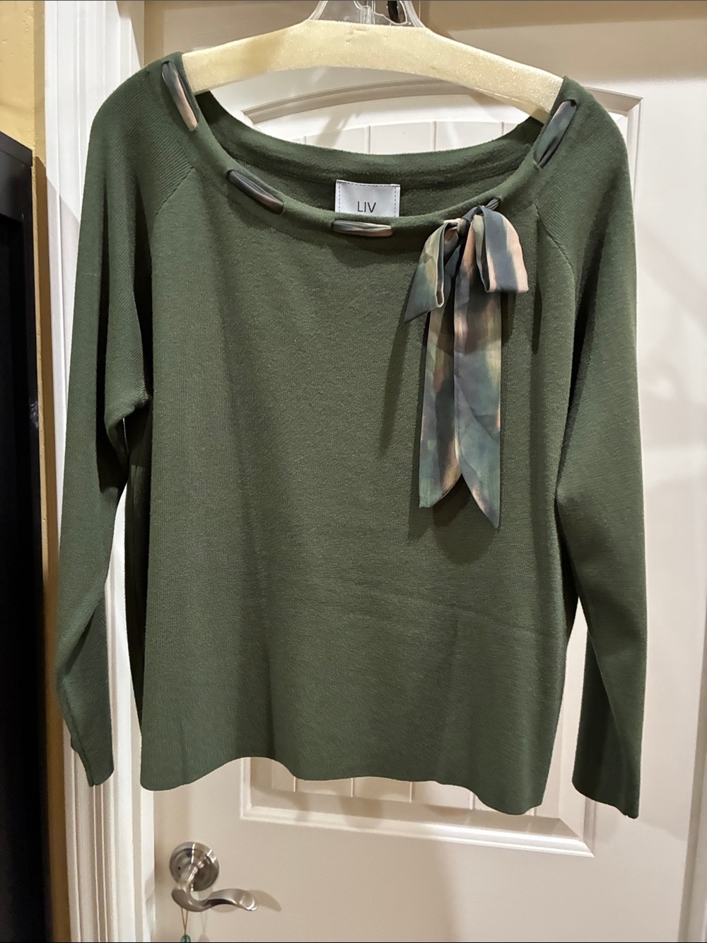 Green Boatneck Sweater with Tie Accent